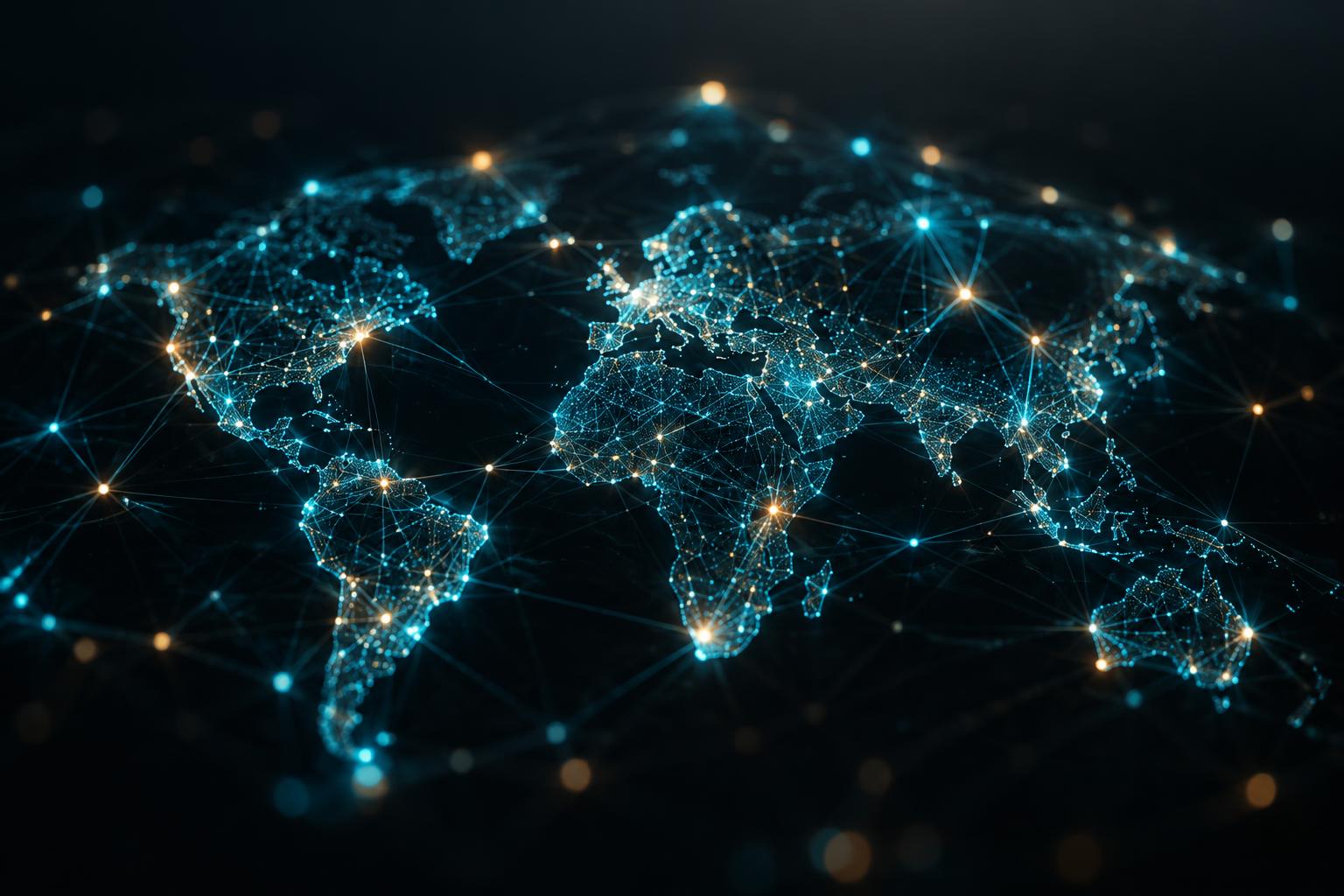 Abstract illustration of connected secure network nodes across a global map